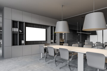 Stylish gray and wooden meeting room corner with poster