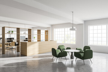 Modern white office corner with reception and waiting room