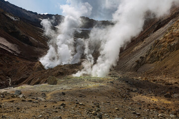 Fototapeta na wymiar Kamchatka, the first crater with fumaroles of the Mutnovsky volcano