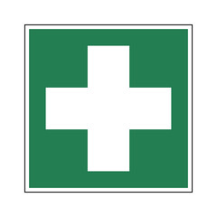 Obraz premium First aid symbol. Vector illustration of green square sign with white cross icon inside. ISO 7010 E002.