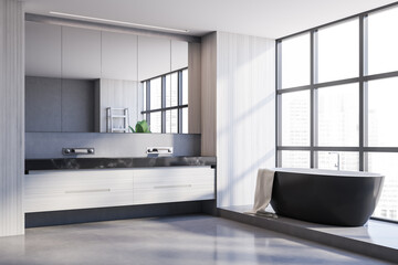 Panoramic white bathroom corner with tub and sink