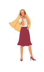 Smiling young girl with long blonde hair listening to music with headphones. Positive thinking and life enjoying concept. Vector flat female character on white background. Cartoon color illustration