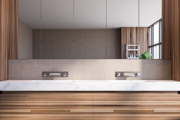 Double sink in modern wooden bathroom interior
