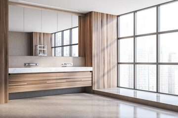 Double sink in panoramic wooden bathroom corner