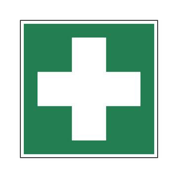 First aid symbol. Vector illustration of green square sign with white cross icon inside. ISO 7010 E002.