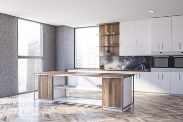 White and gray kitchen corner with cabinets and island