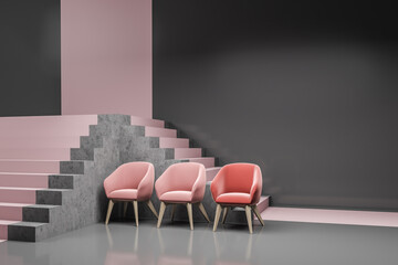 Gray and pink living room corner with armchairs and stairs