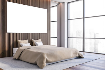 Modern white and dark wooden master bedroom corner with poster