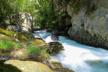 Close angle of lousios river in central greece with the water at long exposure