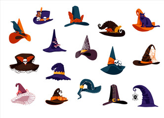 Witch hats collection. Creepy wizards headgears of of different colors with buckles. Halloween holiday symbols set cartoon vector illustration