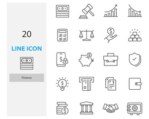 set of finance thin line icons, tax, fee