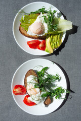 Top view of healthy breakfast with poached eggs
