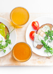 Top view of healthy breakfast with poached eggs