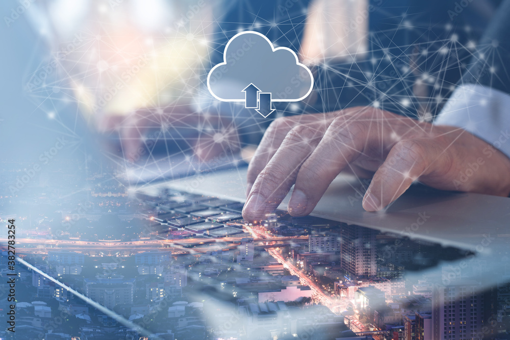 Poster cloud computing technology, person working on laptop computer with cloud and digital network and cit