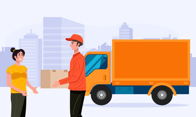 Delivery man handling parcel package box to customer. Vector