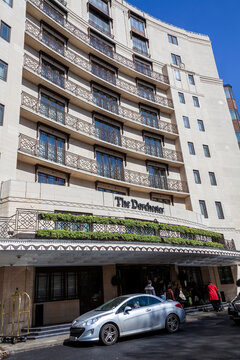 London, UK, April 1, 2012 : The Dorchester Hotel business on Park Lane Mayfair Hyde Park which is a popular travel destination tourist landmark of the city centre stock photo image
