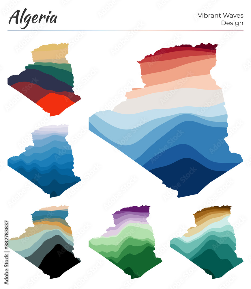 Poster set of vector maps of algeria. vibrant waves design. bright map of country in geometric smooth curve
