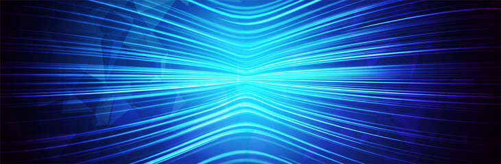 Abstract blue background with horizontal lines. Curvature, distortion, contortion or deformation concept. Wide futuristic wallpaper. Saturated gradient with bright and dark parts. Low poly top effect