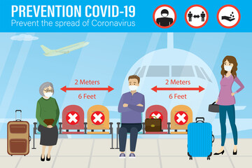 Passengers keep social distance at airport. Covid-19 prevention banner template. Row of chairs with prohibited marks.