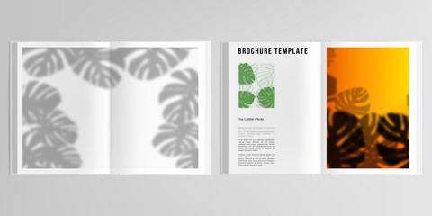 Naklejka premium 3d realistic vector layout of cover mockup design templates for A4 bifold brochure, flyer, cover design, book. Tropical palm leaves, shadow of tropical jungle leaves. Floral pattern backgrounds.