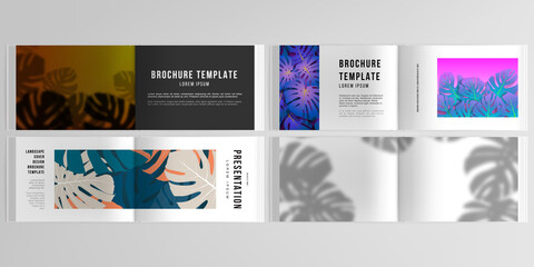Vector layouts of horizontal presentation design templates for landscape design brochure, cover design, flyer, book. Tropical palm leaves, shadow of tropical jungle leaves. Floral pattern backgrounds.