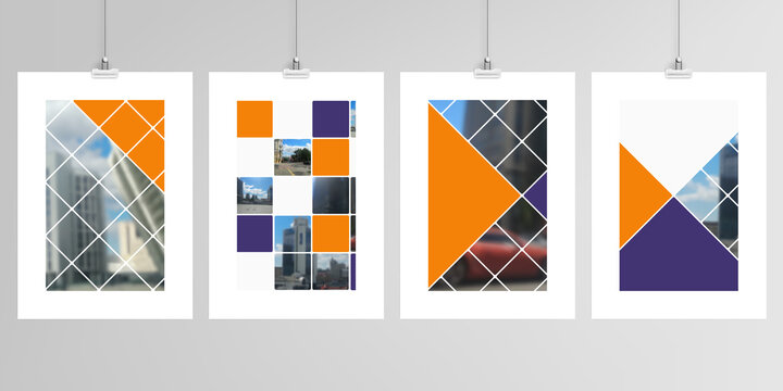 Realistic vector layouts of A4 mockup templates for brochure, flyer, cover design, book, magazine, brochure, poster. Abstract design project in geometric style with squares and a place for a photo.