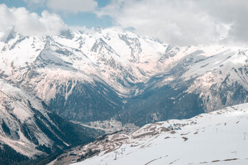 Fototapeta na wymiar mountain valley with snow peaks, North Caucasus, mountain landscape