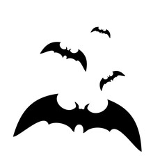 Black silhouettes of bats. Cave black bats group isolated on white vector Halloween background. Silhouettes of flying bats traditional Halloween symbols on white.