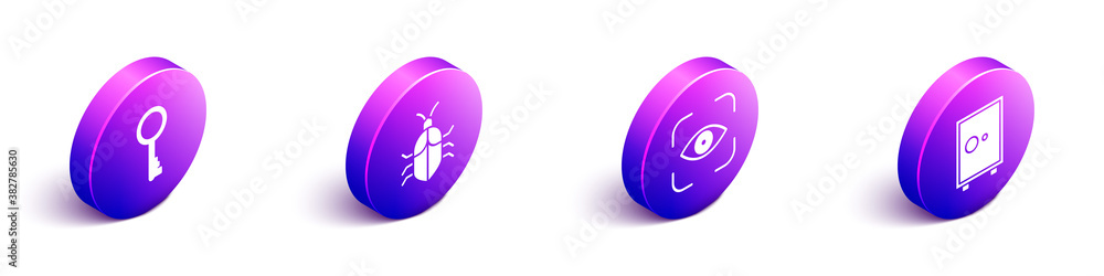 Poster set isometric old key, system bug concept, eye scan and safe icon. vector.