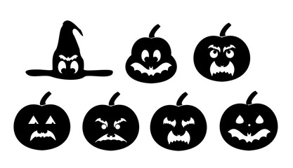 Pumpkins icons. Vector black halloween pumpkin silhouette set isolated on white background. Set of emoticon pumpkins.