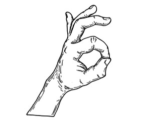 Vector sketch Ok gesture. Ok sign with fingers. Icon of ok. Vector black vintage engraved illustration isolated on white background.