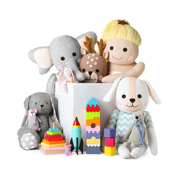Set of different toys on white background