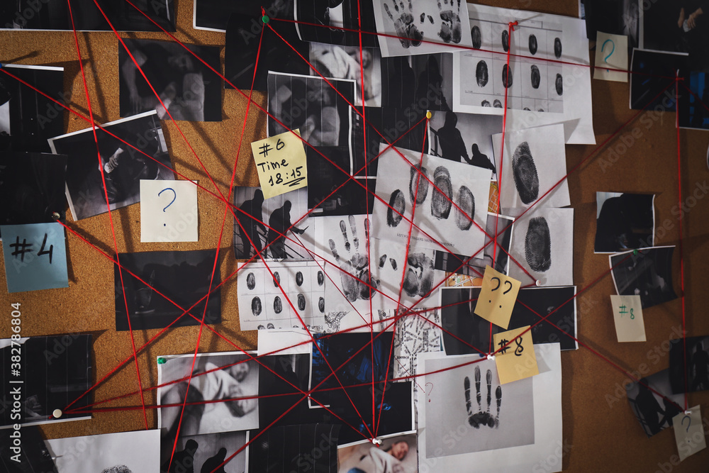 Sticker detective board with fingerprints, crime scene photos and red threads