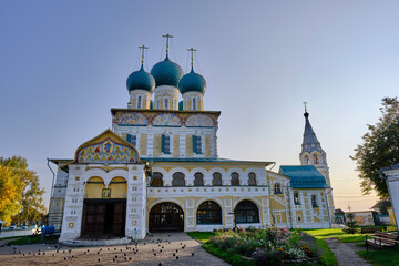 Fototapeta na wymiar Scenic view of Resurrection Cathedral in small touristic town Tutayev in Yaroslavl oblast in Russian Federation. Beautiful summer sunny look of old church in little town on Volga river