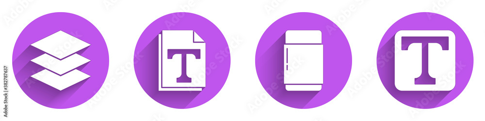 Poster set layers, text file document, eraser or rubber and text icon with long shadow. vector.