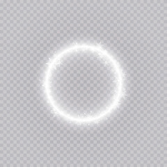 Round winter snow frame border with stars, sparkles and snowflakes on transparent background. Festive christmas banner, new year greeting card, postcard or invitation vector illustration