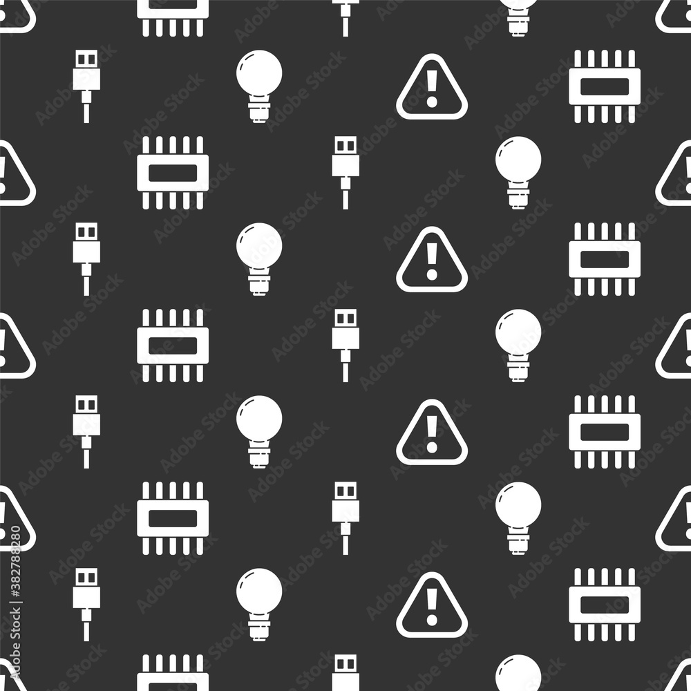 Poster set exclamation mark in triangle, processor with microcircuits cpu, usb cable cord and light bulb wi