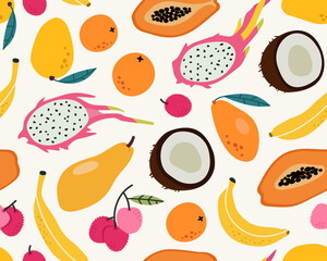 Seamless pattern of tropical fruit background elements. Hand-drawn fruit doodles. The tropical pattern of banana, coconut, dragon fruit, papaya, mango, orange, and lychee.