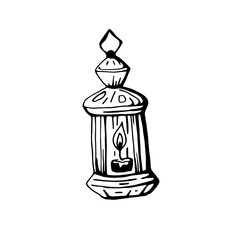 A flashlight or a candle holder with a burning candle, for decoration in the interior to create a cozy atmosphere. Vector illustration isolated on a white background, doodle style.