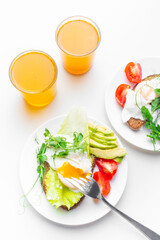 Top view of healthy breakfast with poached eggs