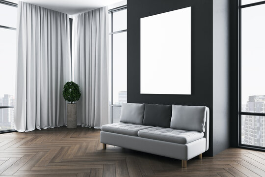 Contemporary living room with blank banner on wall.