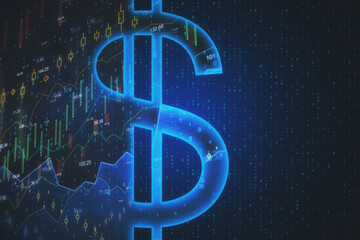 Glowing dollar icon with stock chart hologram.