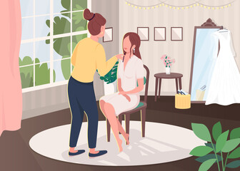 Bridal makeup flat color vector illustration. Preparation for marriage ceremony. Beautician service for bride. Prepare for wedding. Women 2D cartoon characters with interior on background