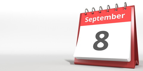 September 8 date on the flip calendar page, 3d rendering