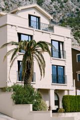 Fototapeta na wymiar Modern white house with balconies against the backdrop of mountains and a date palm at the entrance.