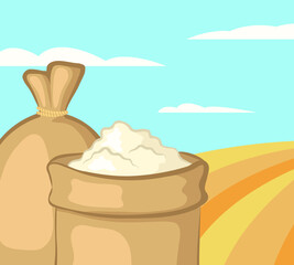 Flour in canvas bags on the background of wheat grain fields. Cartoon style. Bright vector illustration.