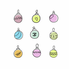 A set of bright Christmas balls, decorations and toys for the new year 2021 and Christmas. Attributes and symbols of the new year's holiday, party fun. Vector multicolored Doodle illustration.