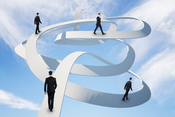Young businessmans walking on curve arrow on blue sky background.