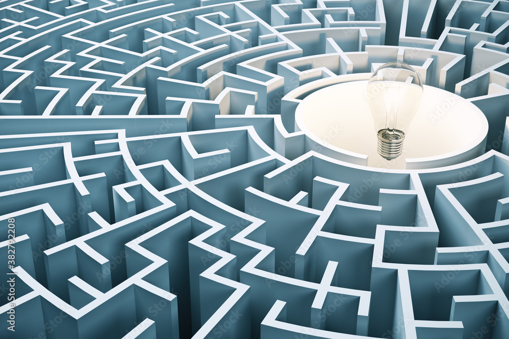 Poster creative concrete gray labyrinth with lamp.