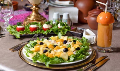 Tasty pumpkin salad on the table close up